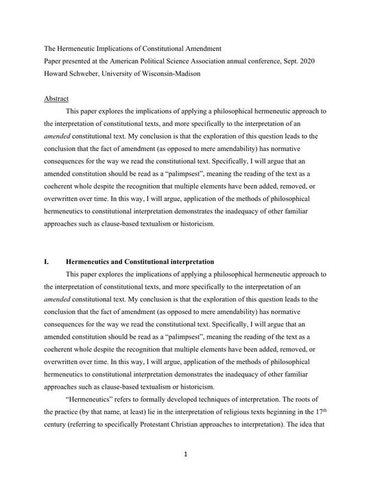Thumbnail image of constitutional hermeneutics - Hermeneutics of Constitutional Amendment - APSA paper.pdf