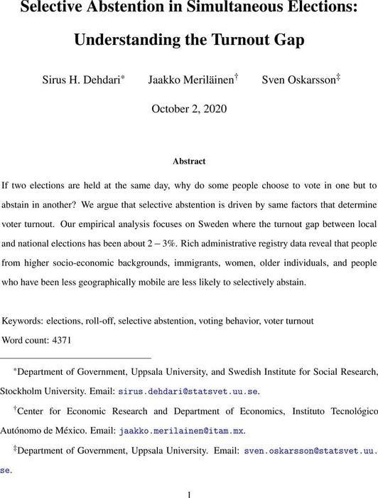 Selective Abstention In Simultaneous Elections Understanding The Turnout Gap Public Opinion And Voting Behavior Apsa Preprints Cambridge Open Engage