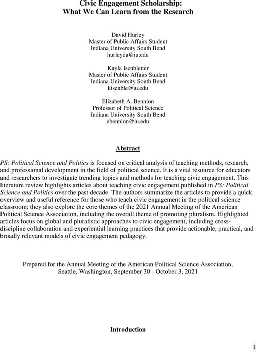Thumbnail image of APSA Paper 2021-- Civic Engagement Literature  -- Hurley, Isenbletter, Bennion.pdf