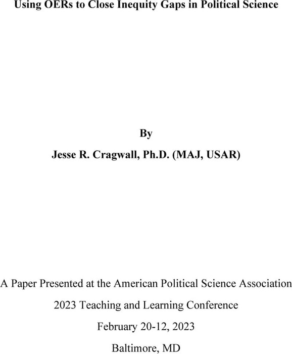 Thumbnail image of Using OERs to Close Inequity Gaps in Political Science - Cragwall_APSA.pdf