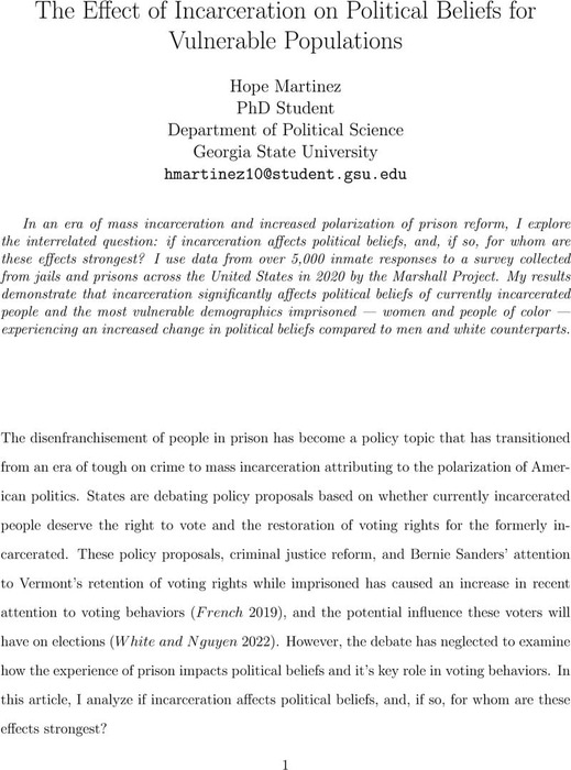 The Effect of Incarceration on Political Beliefs for Vulnerable ...