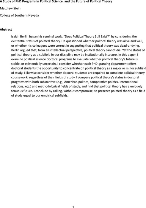 A Study of PhD Programs in Political Science, and the Future of ...
