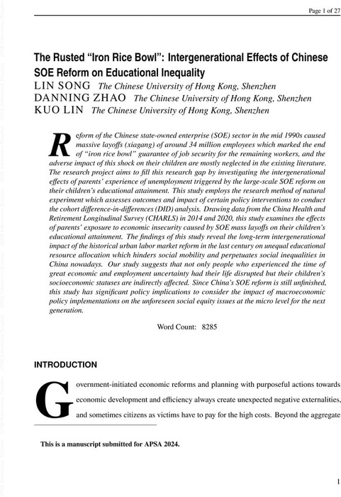 The Rusted “Iron Rice Bowl”: Intergenerational Effects of Chinese SOE ...