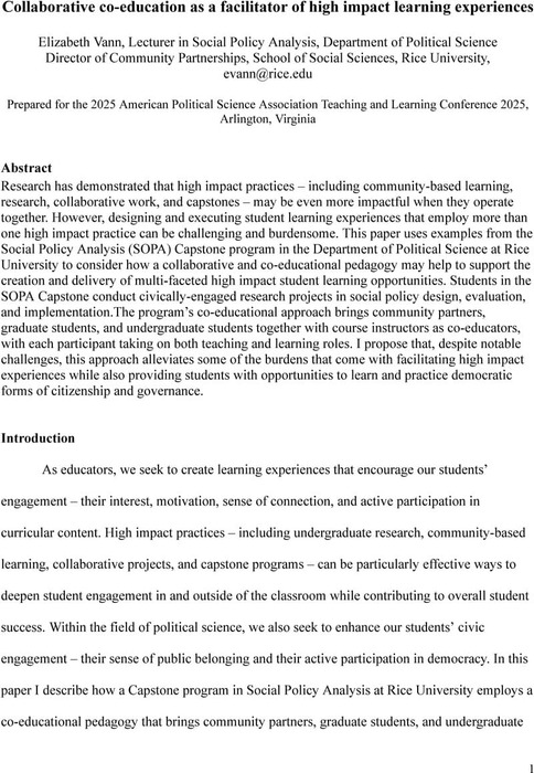 Collaborative co-education as a facilitator of high impact learning ...