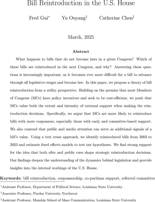 Bill Reintroduction in the U.S. House American Government and