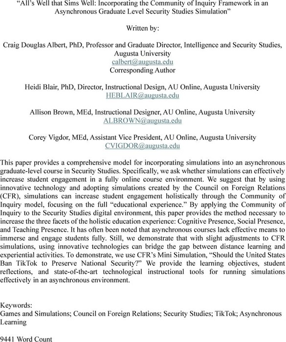 All’s Well that Sims Well: Incorporating the Community of Inquiry ...